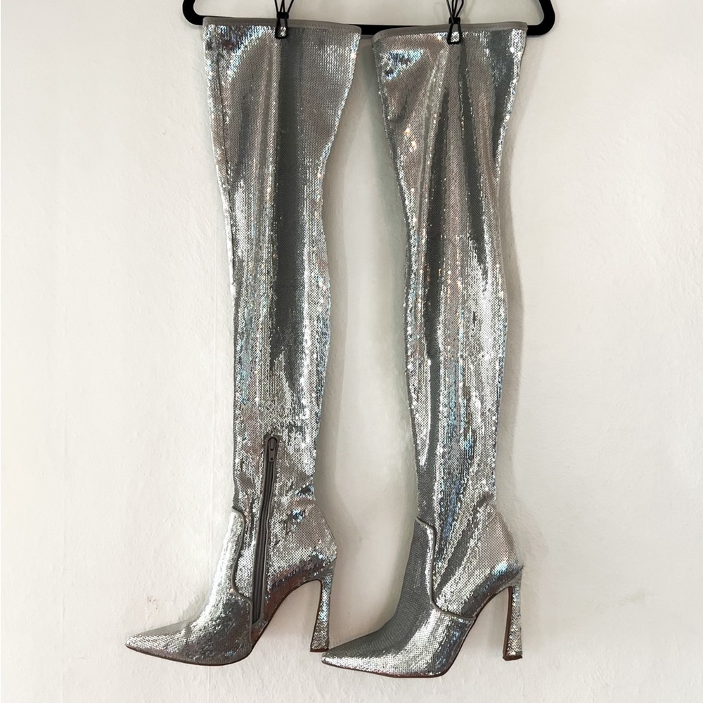 Steve Madden Laddy Pointed-Toe Over-The-Knee High Heel Boots - Silver Sequin - 8 - Picture 5 of 11